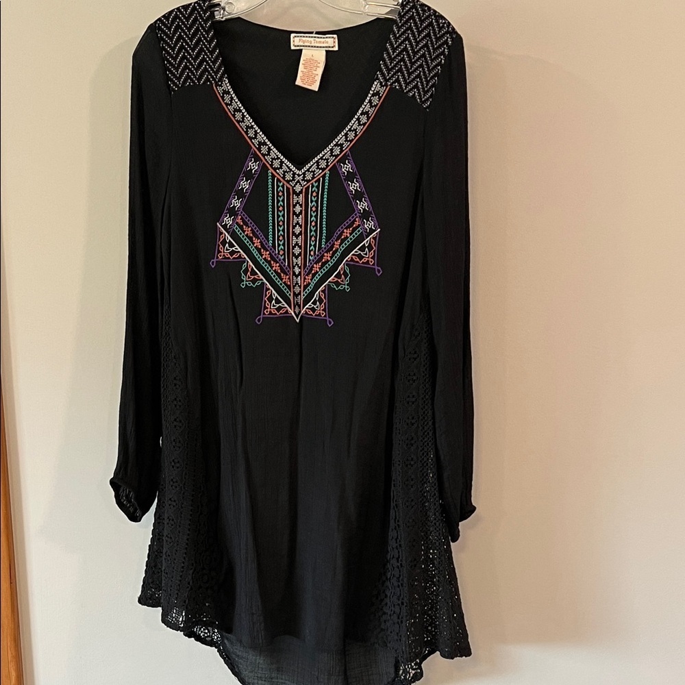 Flying Tomato - Black Tunic, Vibrant Embroidery, Crochet